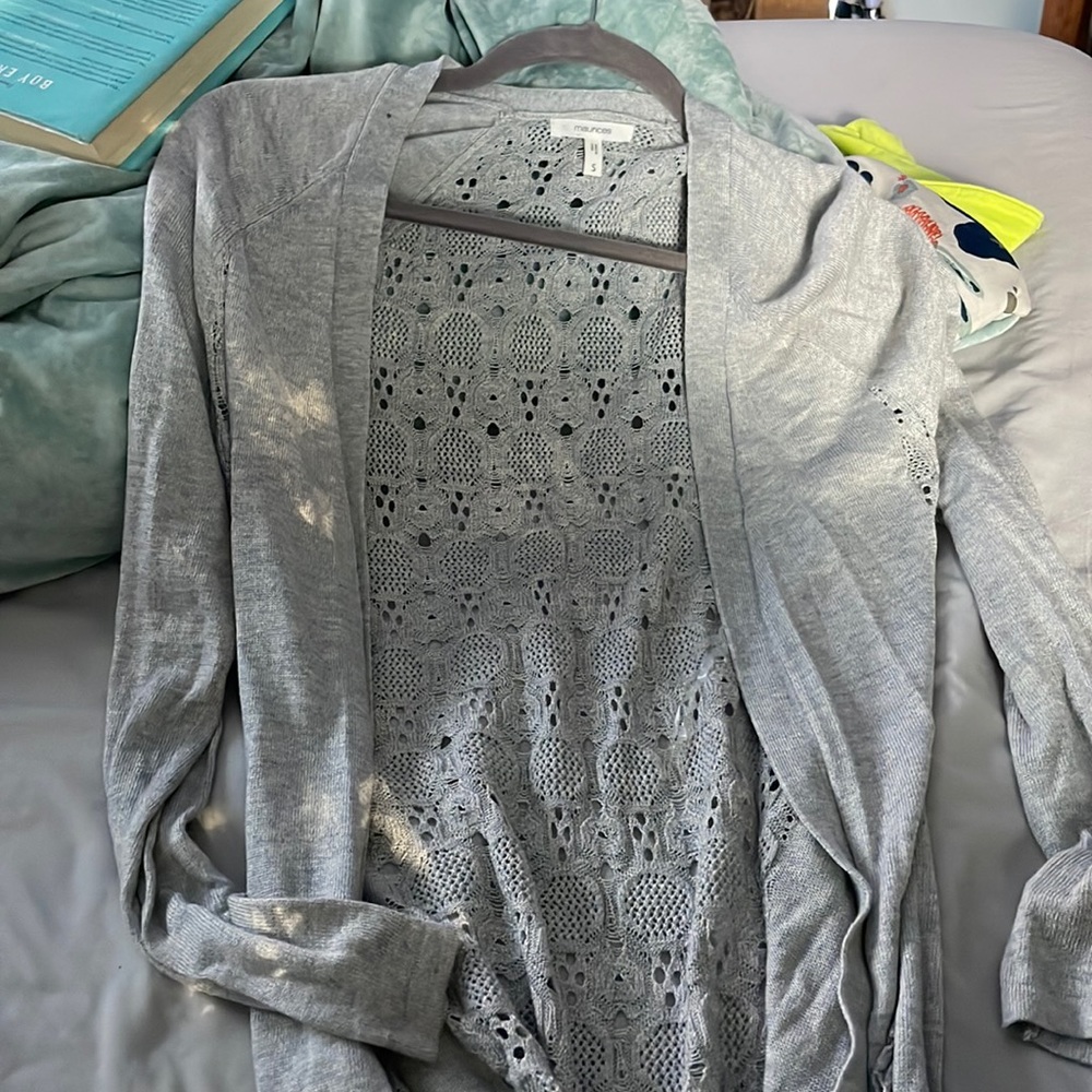Maurice’s small gray cardigan